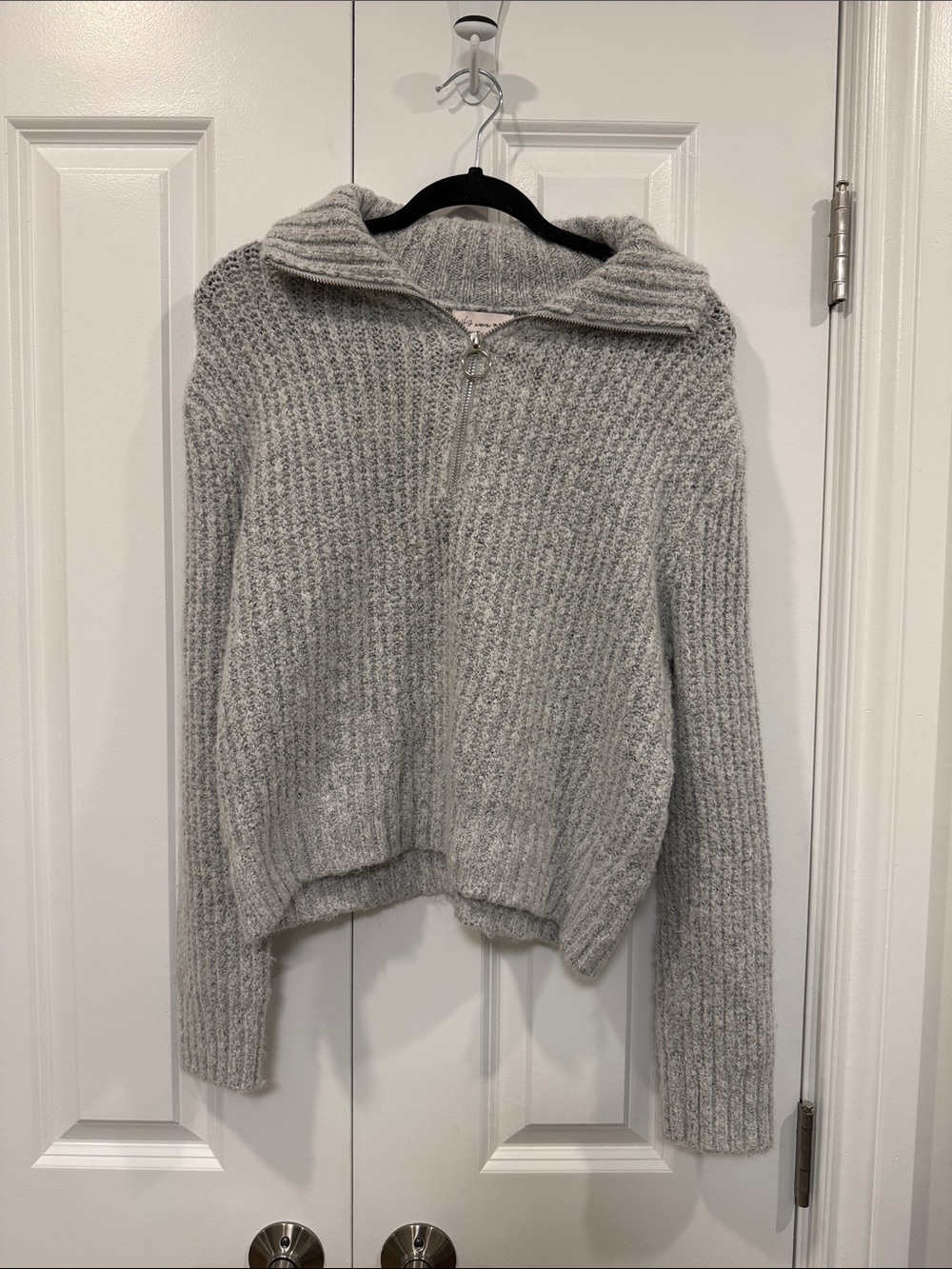 if it were me Light Gray Ribbed Half-Zip Cowl Sweater